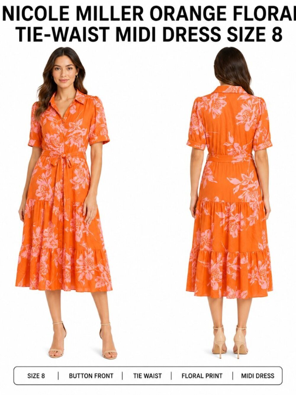 NICOLE MILLER ORANGE PINK FLORAL TIE-WAIST MIDI DRESS SIZE 8